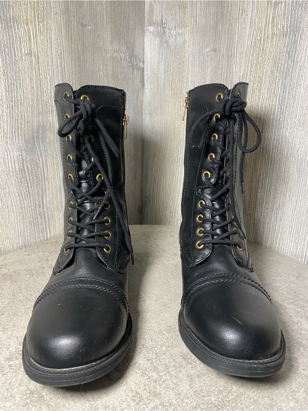 Faded Glory Black Lace-Up Combat Boots with Gold Hardware